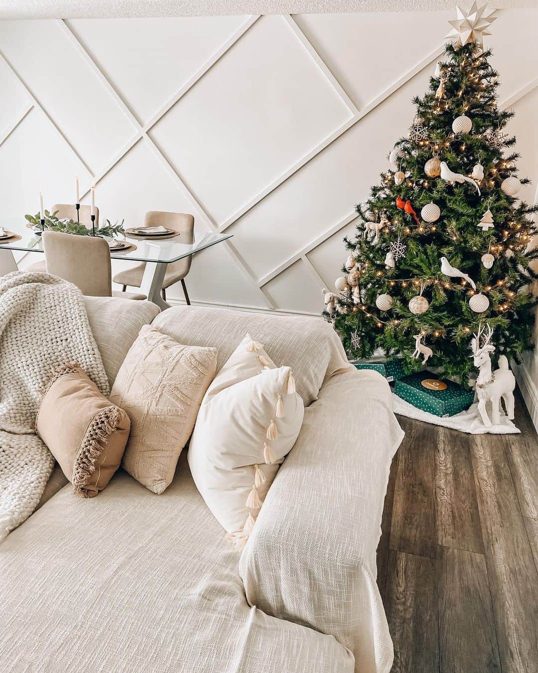Feature Wall Living Room with Beige Couch and Throw Pillows